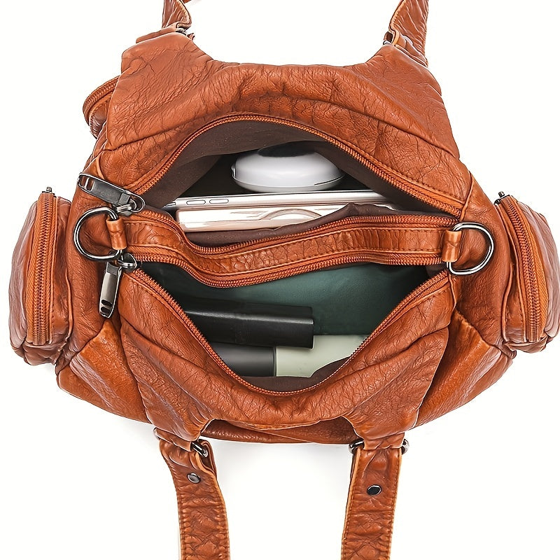 Vintage Studded Decor Shoulder Bag, Women's Multi Pocket Hobo Purse, Faux Leather Crossbody Bag