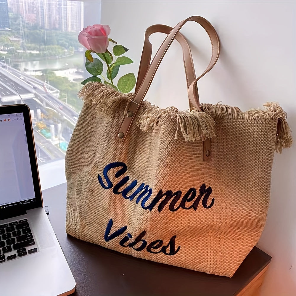 Letter Embroidery Tote Bag, Tassel Trim Canvas Handbag, Women's Beach Shoulder Bag